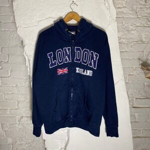 London England Mens Navy Blue   Zip Up Hoodie Sweatshirt Size L